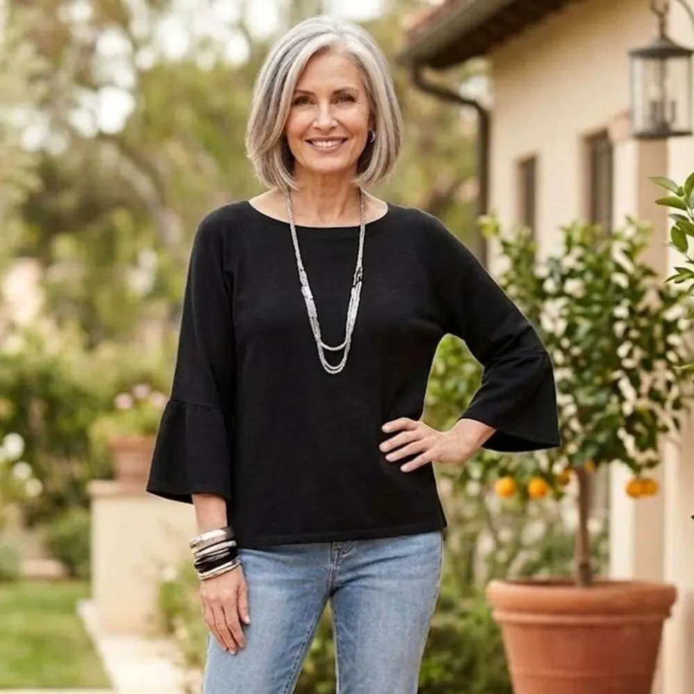 Chico's Black Boatneck Flare Sleeve Pullover Sweater Lightweight Knit Womens L